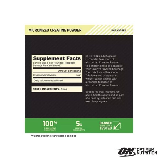 Optimum Nutrition Creatina Micronizada 300Gr x60 Servicios
