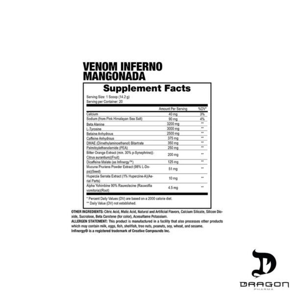 DRAGON PHARMA - PRE ENTRENO venom inferno - mangonada tabla Dragon Pharma Pre-Entreno Venom Inferno 284Gr x20 Servicios.